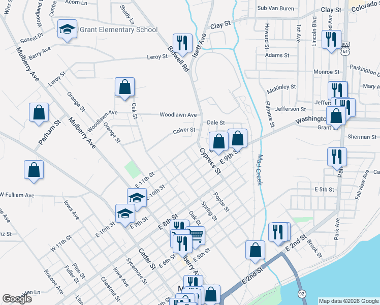map of restaurants, bars, coffee shops, grocery stores, and more near 1051-1099 Poplar Street in Muscatine