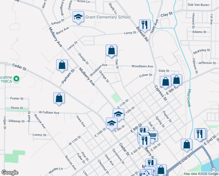 map of restaurants, bars, coffee shops, grocery stores, and more near 1206 Orange Street in Muscatine