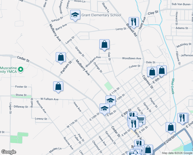 map of restaurants, bars, coffee shops, grocery stores, and more near 1206 Orange Street in Muscatine