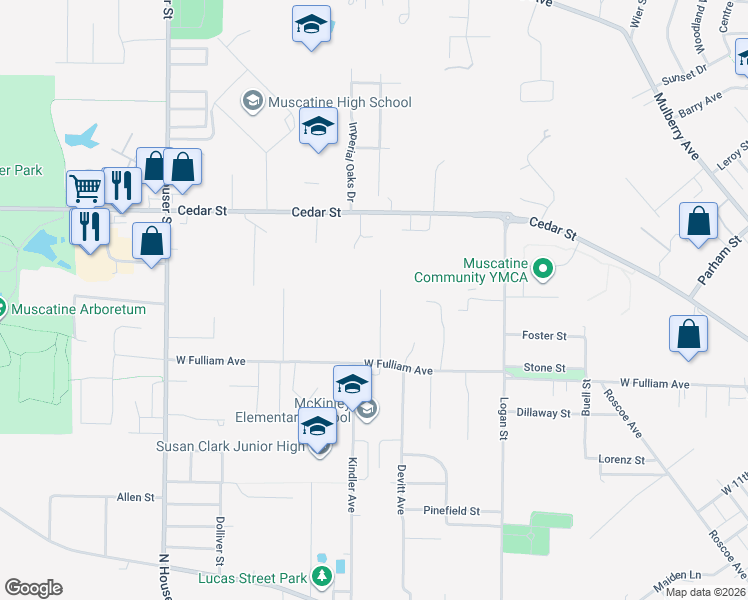 map of restaurants, bars, coffee shops, grocery stores, and more near 1908 Hammann Street in Muscatine