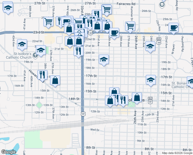 map of restaurants, bars, coffee shops, grocery stores, and more near 1651-1699 32nd Ave in Columbus