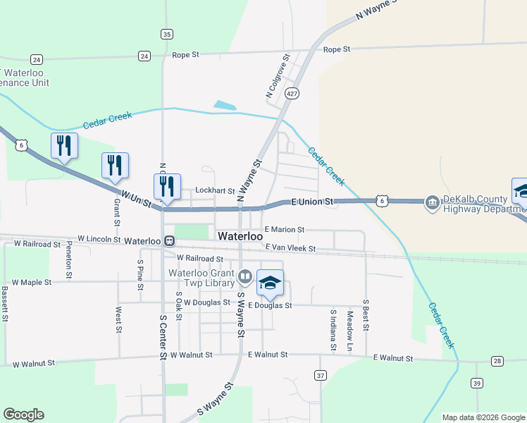 map of restaurants, bars, coffee shops, grocery stores, and more near 380 North Washington Street in Waterloo