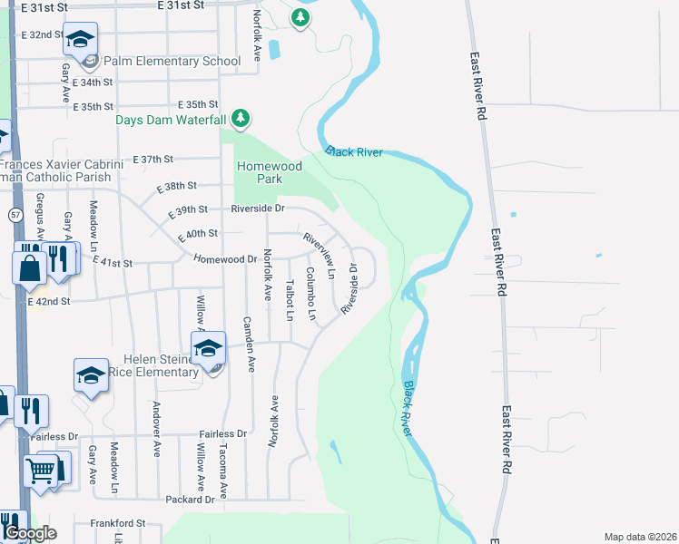 map of restaurants, bars, coffee shops, grocery stores, and more near 4140 Riverside Drive in Lorain