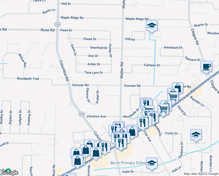 map of restaurants, bars, coffee shops, grocery stores, and more near 24633 Gessner Road in North Olmsted