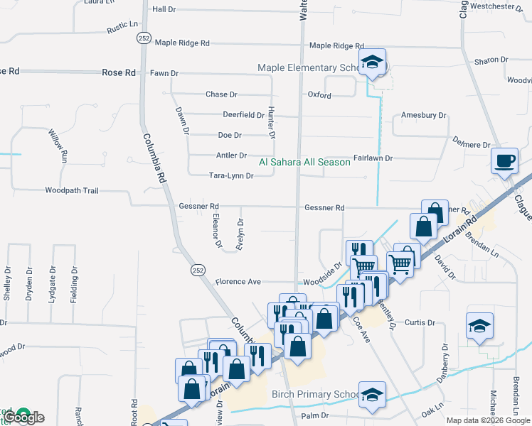 map of restaurants, bars, coffee shops, grocery stores, and more near 24657 Gessner Road in North Olmsted