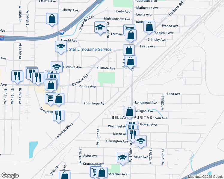 map of restaurants, bars, coffee shops, grocery stores, and more near 13239 Puritas Avenue in Cleveland