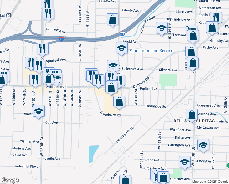 map of restaurants, bars, coffee shops, grocery stores, and more near 4464 West 140th Street in Cleveland