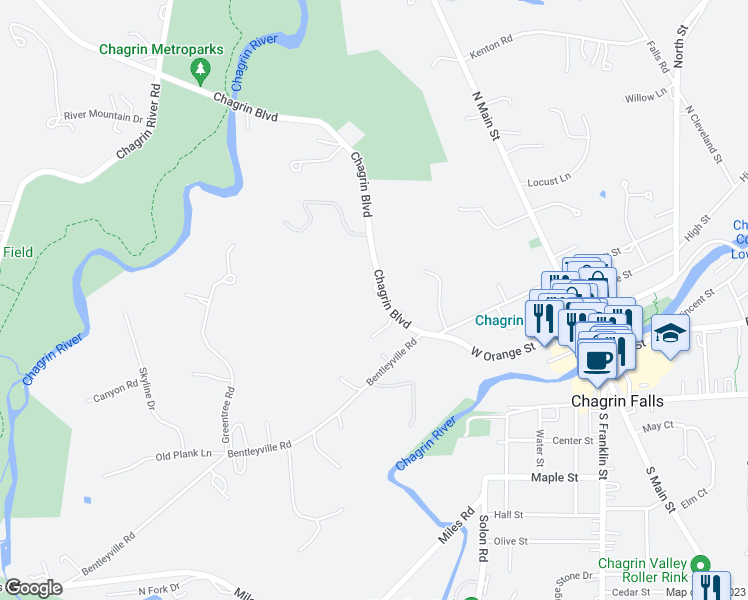 map of restaurants, bars, coffee shops, grocery stores, and more near 110 Chagrin Boulevard in Chagrin Falls