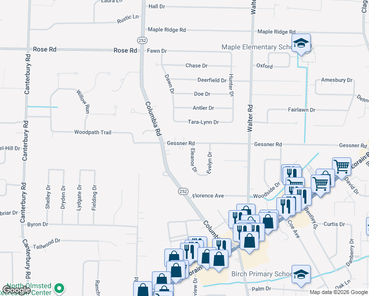 map of restaurants, bars, coffee shops, grocery stores, and more near 25179 Gessner Road in North Olmsted