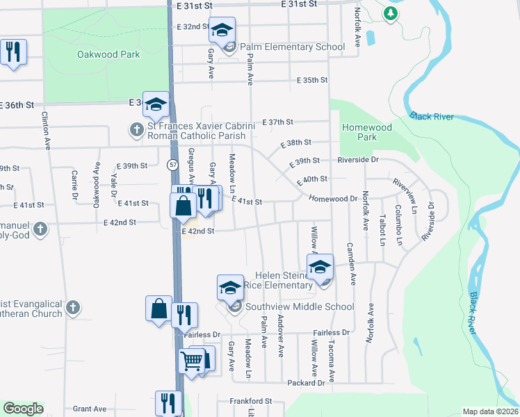 map of restaurants, bars, coffee shops, grocery stores, and more near 2416 East 41st Street in Lorain