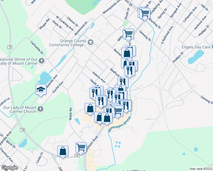 map of restaurants, bars, coffee shops, grocery stores, and more near 12 Adams Avenue in Middletown