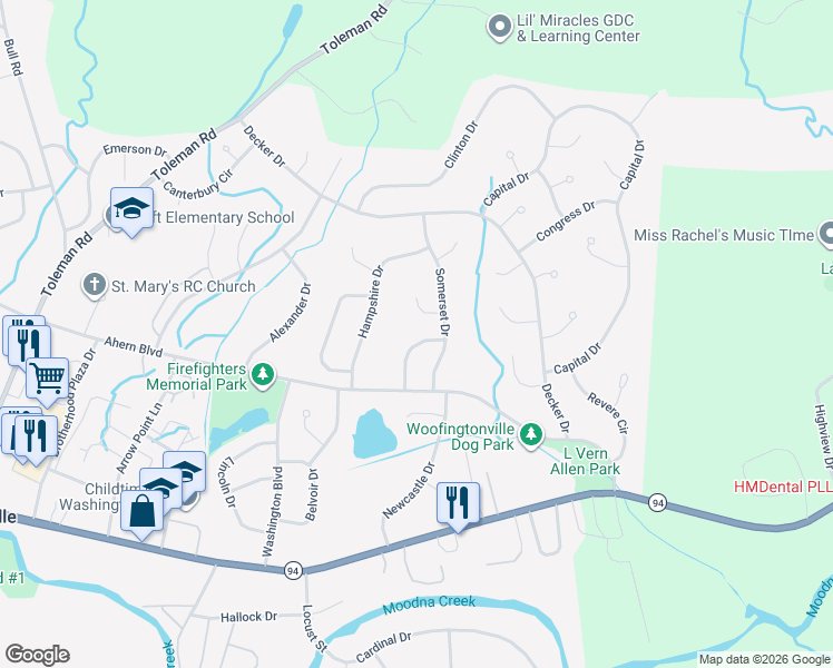 map of restaurants, bars, coffee shops, grocery stores, and more near 6 Pembroke Road in Washingtonville