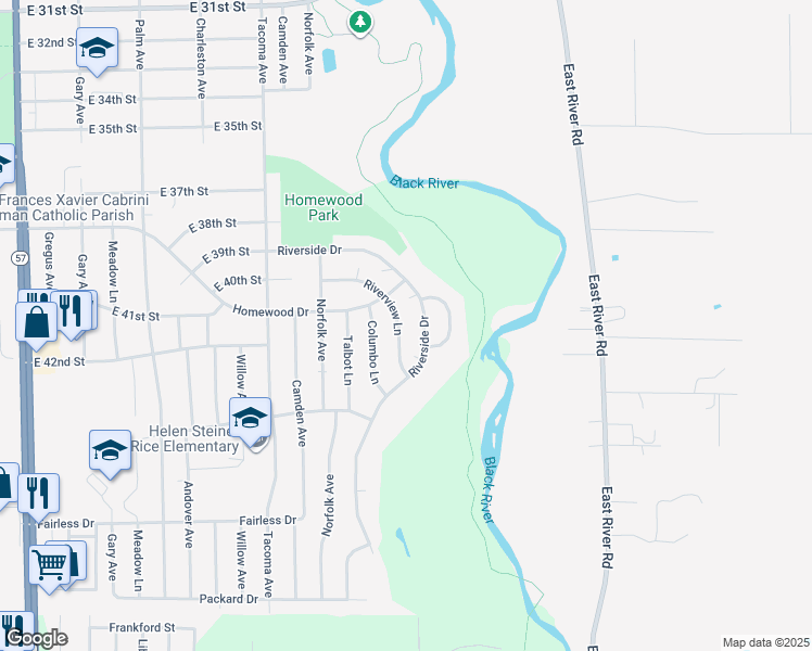 map of restaurants, bars, coffee shops, grocery stores, and more near 4125 Riverview Lane in Lorain