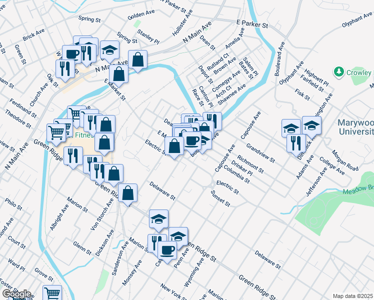 map of restaurants, bars, coffee shops, grocery stores, and more near 1901 Sanderson Ave in Scranton