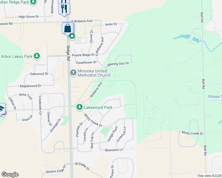 map of restaurants, bars, coffee shops, grocery stores, and more near 308 Wabena Court in Minooka