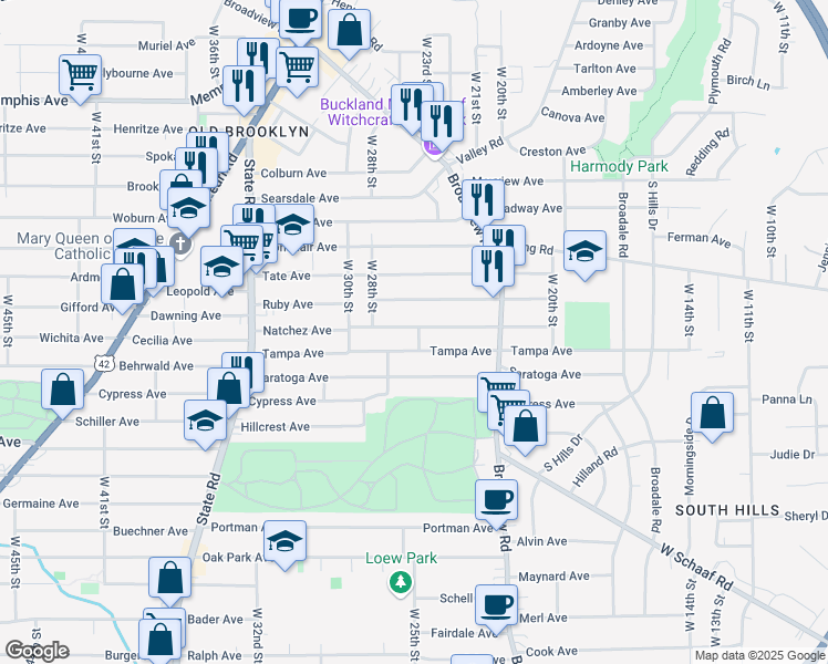 map of restaurants, bars, coffee shops, grocery stores, and more near 2511 Natchez Avenue in Cleveland