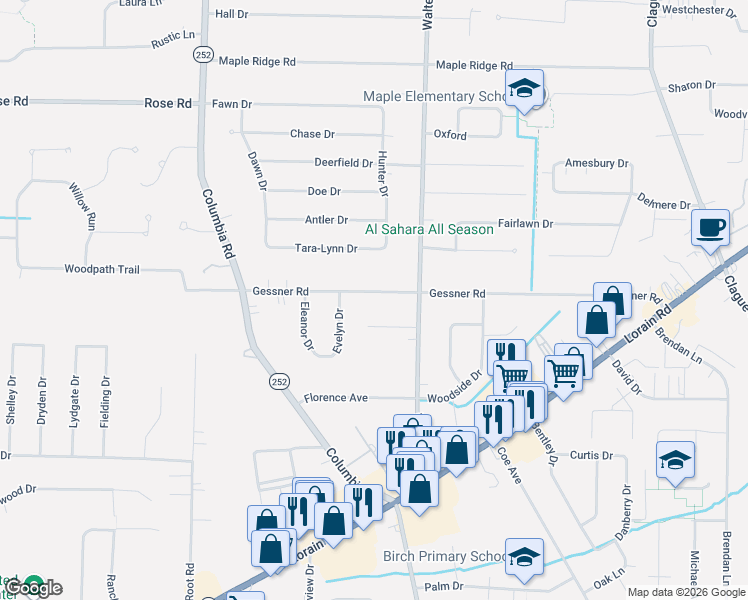 map of restaurants, bars, coffee shops, grocery stores, and more near 24657 Gessner Road in North Olmsted