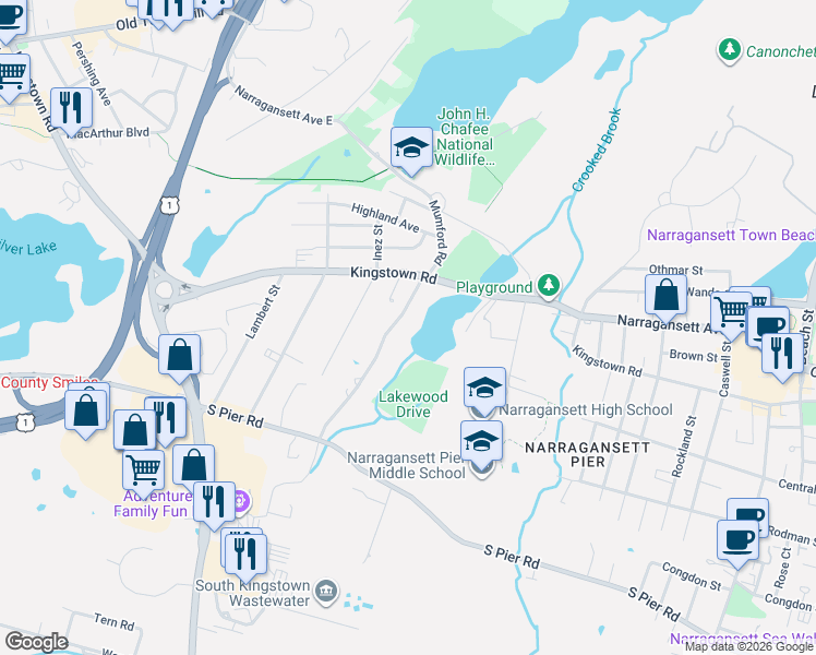 map of restaurants, bars, coffee shops, grocery stores, and more near 67 Lakewood Drive in Narragansett