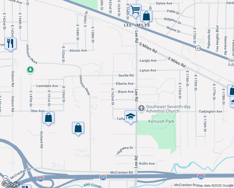 map of restaurants, bars, coffee shops, grocery stores, and more near 16224 Bryce Avenue in Cleveland