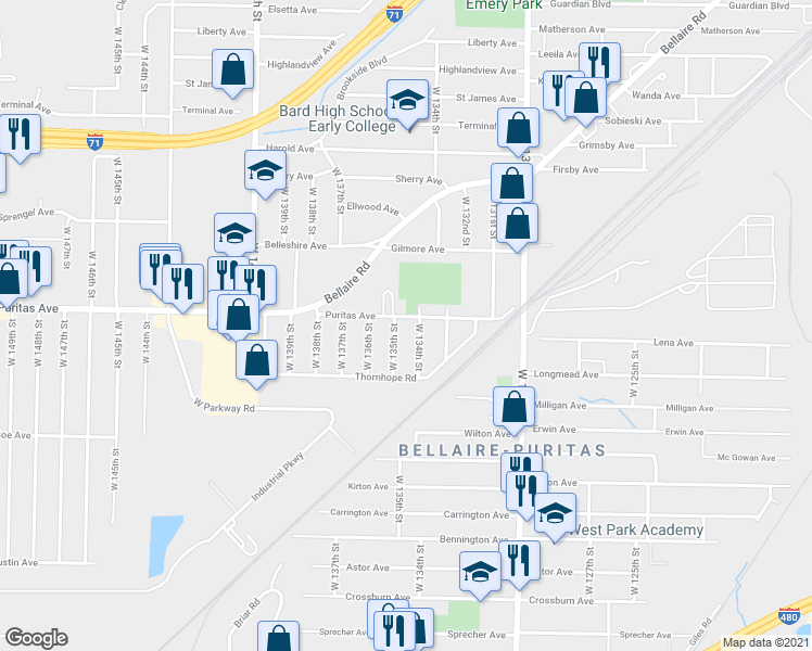 map of restaurants, bars, coffee shops, grocery stores, and more near 4460 West 134th Street in Cleveland