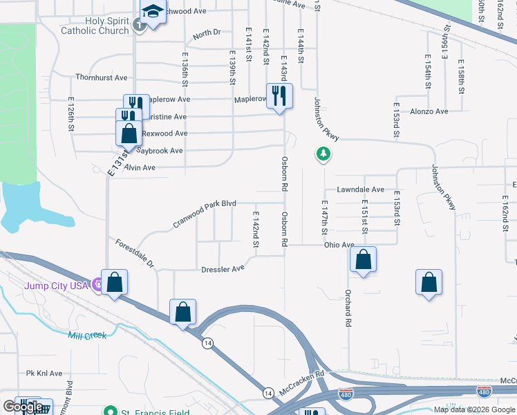 map of restaurants, bars, coffee shops, grocery stores, and more near 14112 Cranwood Park Boulevard in Garfield Heights