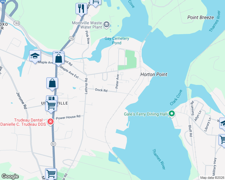 map of restaurants, bars, coffee shops, grocery stores, and more near 32 Dock Road in Montville