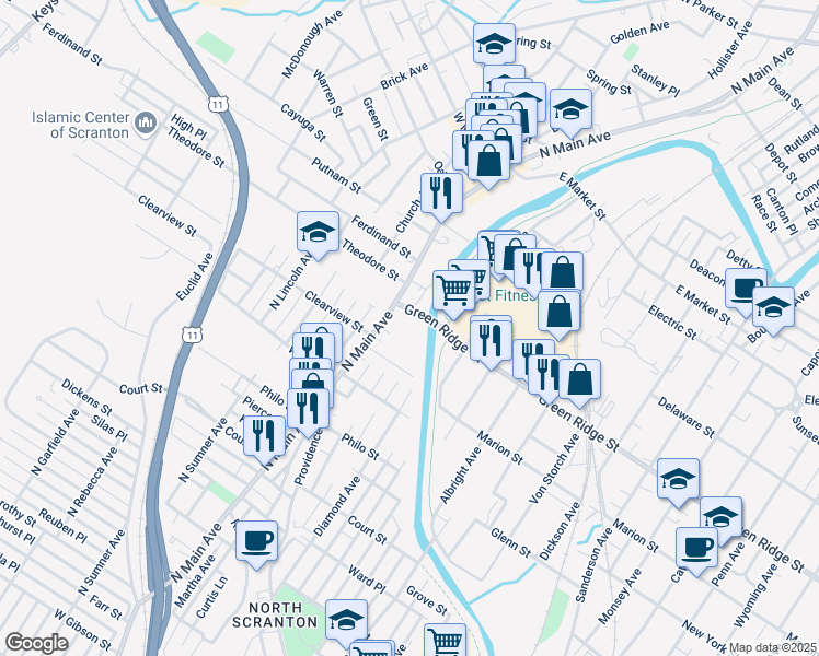 map of restaurants, bars, coffee shops, grocery stores, and more near 1538 North Main Avenue in Scranton