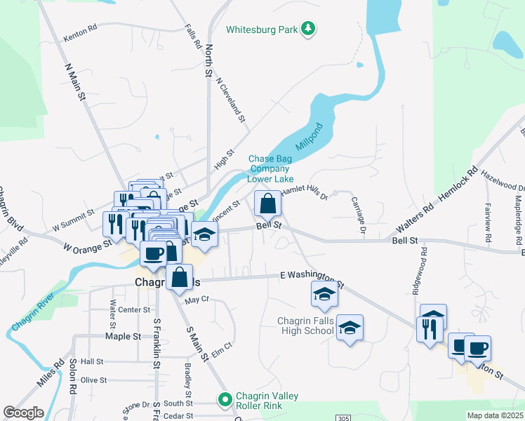 map of restaurants, bars, coffee shops, grocery stores, and more near 182 Columbus Street in Chagrin Falls