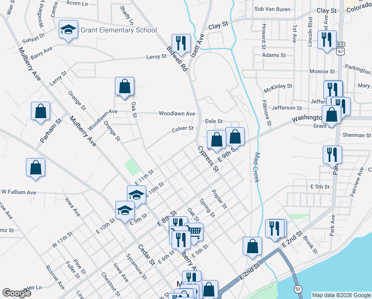 map of restaurants, bars, coffee shops, grocery stores, and more near 1051 Poplar Street in Muscatine