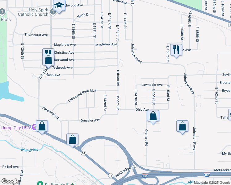 map of restaurants, bars, coffee shops, grocery stores, and more near 14240 Cranwood Park Boulevard in Garfield Heights