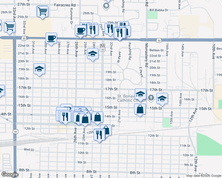 map of restaurants, bars, coffee shops, grocery stores, and more near 2201 17th Street in Columbus