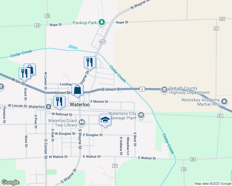 map of restaurants, bars, coffee shops, grocery stores, and more near 695 East Union Street in Waterloo