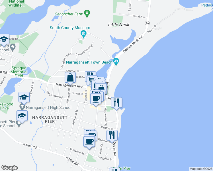 map of restaurants, bars, coffee shops, grocery stores, and more near 67 Beach Street in Narragansett