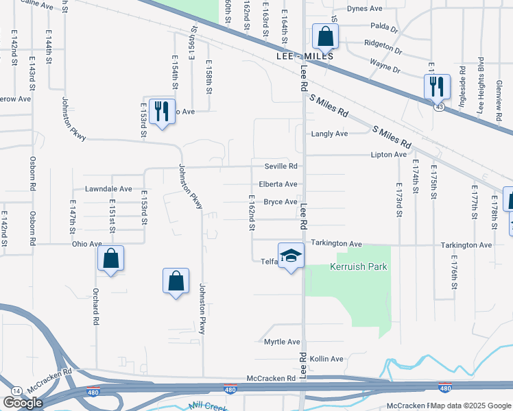 map of restaurants, bars, coffee shops, grocery stores, and more near 16206 Bryce Avenue in Cleveland