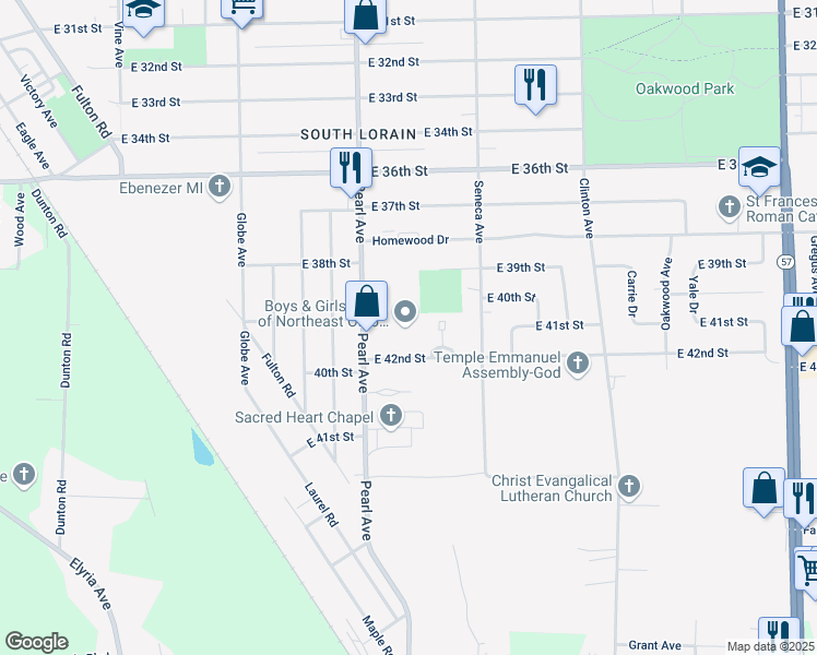 map of restaurants, bars, coffee shops, grocery stores, and more near 4111 Pearl Avenue in Lorain