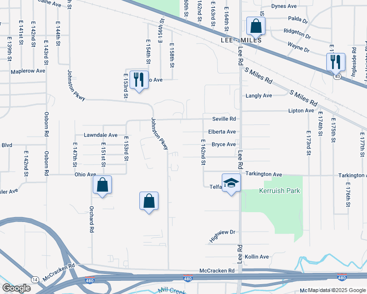 map of restaurants, bars, coffee shops, grocery stores, and more near 15902 Bryce Avenue in Cleveland