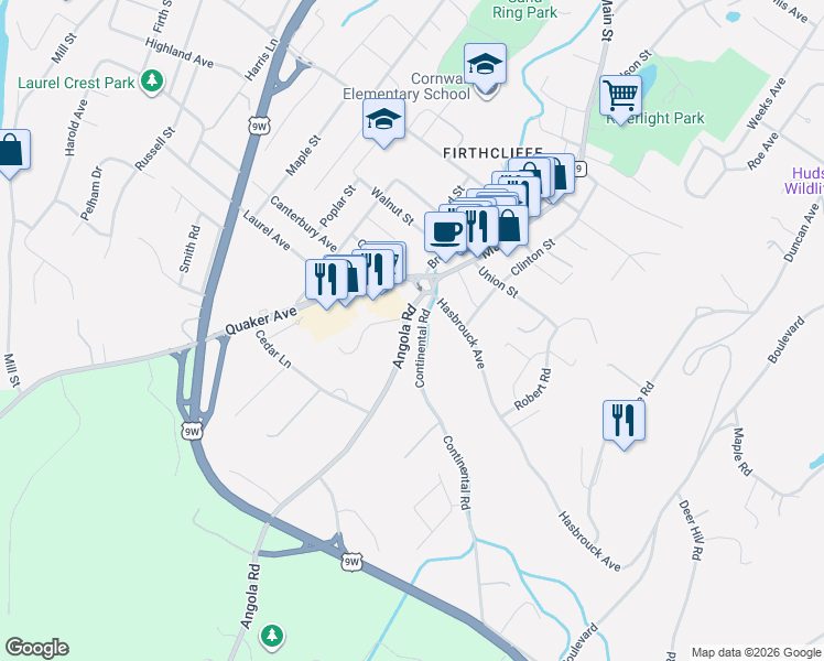 map of restaurants, bars, coffee shops, grocery stores, and more near 15 Angola Road in Cornwall
