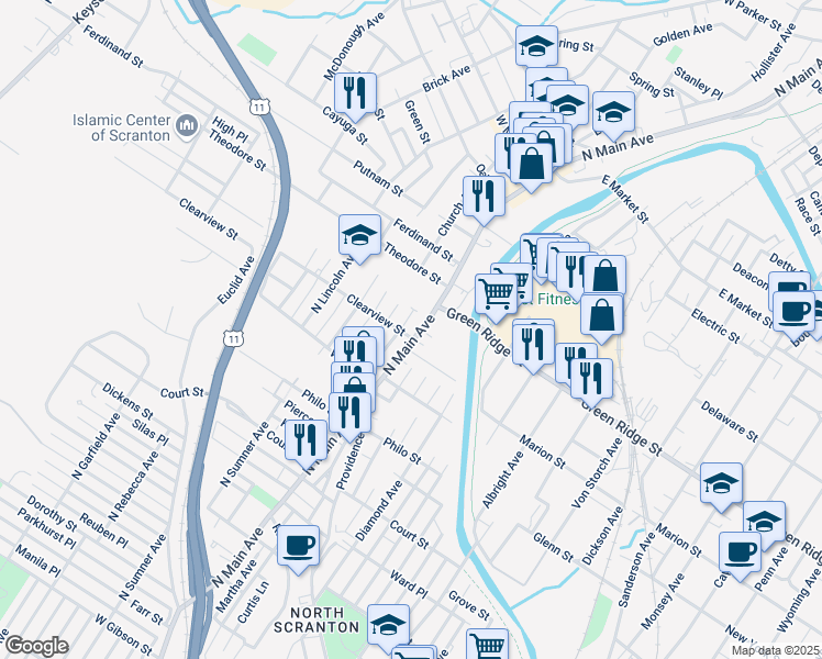 map of restaurants, bars, coffee shops, grocery stores, and more near 1503 North Main Avenue in Scranton