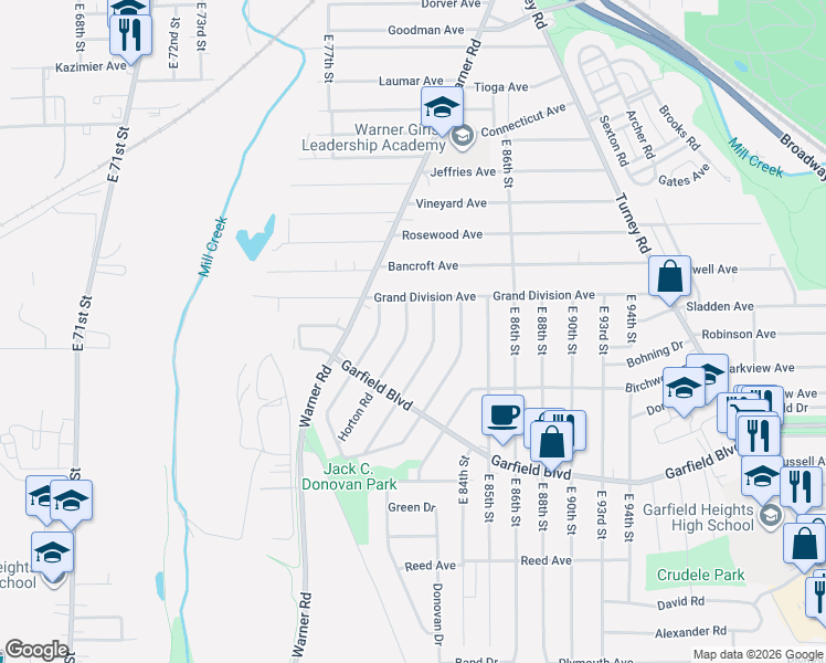 map of restaurants, bars, coffee shops, grocery stores, and more near 4650 Burleigh Road in Garfield Heights
