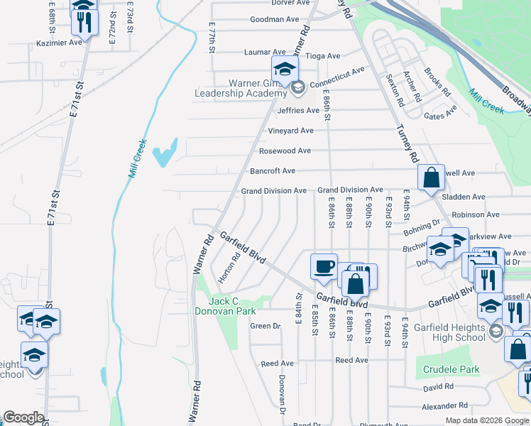map of restaurants, bars, coffee shops, grocery stores, and more near 4650 Burleigh Road in Garfield Heights