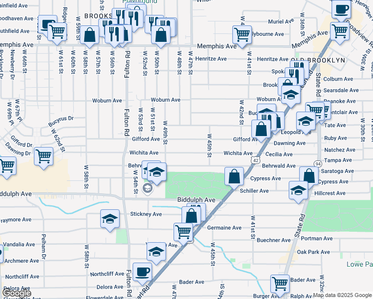 map of restaurants, bars, coffee shops, grocery stores, and more near 4709 Wichita Avenue in Cleveland
