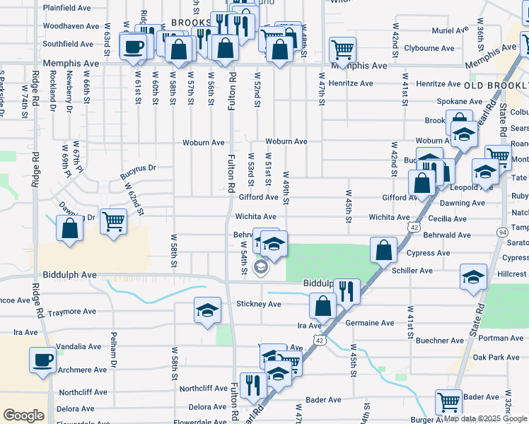 map of restaurants, bars, coffee shops, grocery stores, and more near 5102 Wichita Avenue in Cleveland