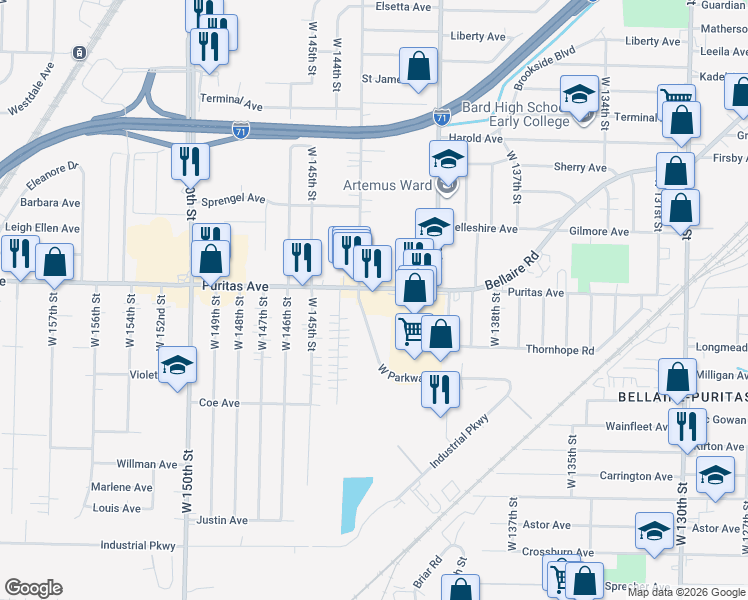 map of restaurants, bars, coffee shops, grocery stores, and more near 14235 Puritas Avenue in Cleveland