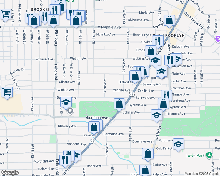 map of restaurants, bars, coffee shops, grocery stores, and more near 4318 Wichita Avenue in Cleveland