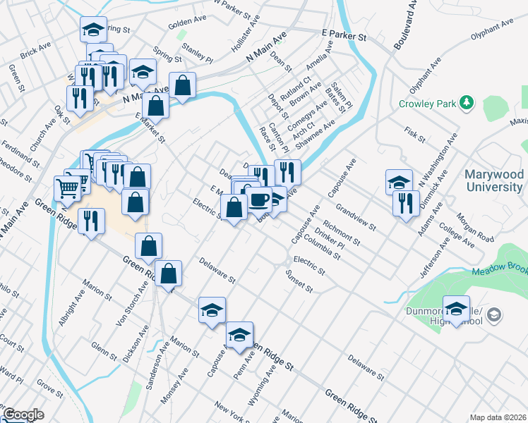map of restaurants, bars, coffee shops, grocery stores, and more near 700 East Market Street in Scranton