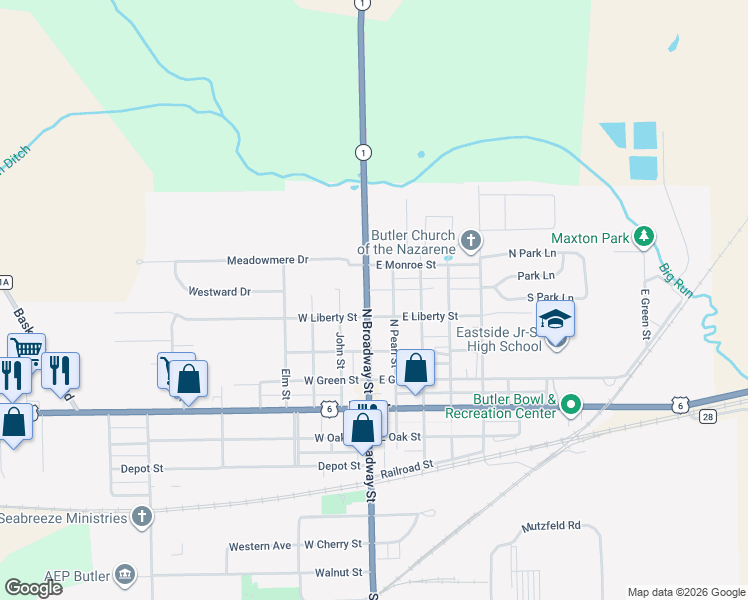 map of restaurants, bars, coffee shops, grocery stores, and more near 400-406 North Broadway Street in Butler