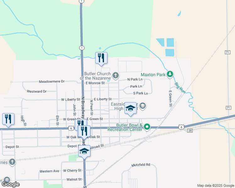 map of restaurants, bars, coffee shops, grocery stores, and more near 409 East Liberty Street in Butler