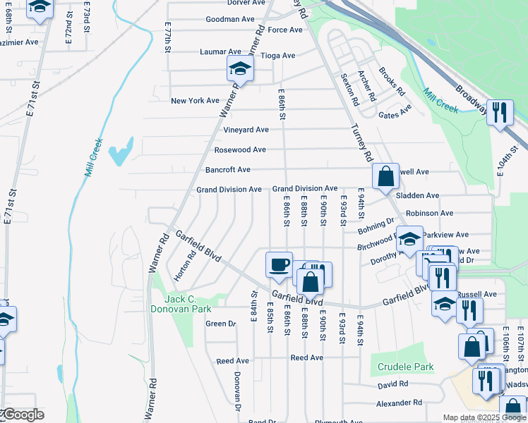 map of restaurants, bars, coffee shops, grocery stores, and more near 4640 East 85th Street in Garfield Heights