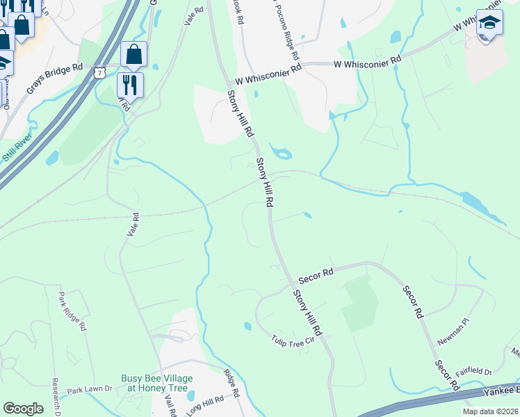map of restaurants, bars, coffee shops, grocery stores, and more near 44 Stony Hill Road in Brookfield