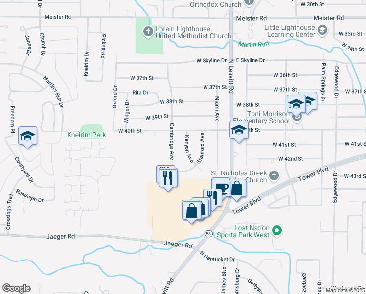 map of restaurants, bars, coffee shops, grocery stores, and more near 4060 Kenyon Avenue in Lorain